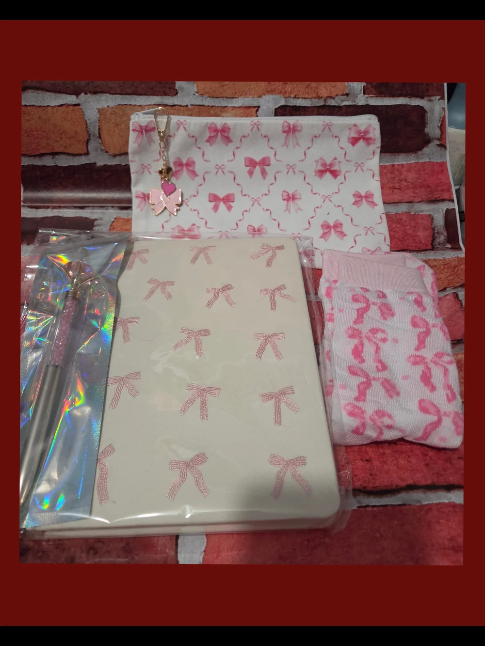 707-Pink Bow Sock & Accessory Set with Bow-Print Pouch